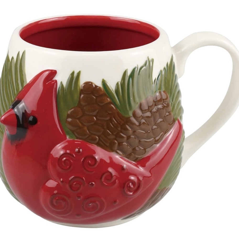 ENESCO Caring Cardinals Sculpted Dimensional Ceramic Coffee Mug Cup Cream & Red